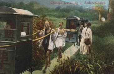 Featured is a postcard image of Chinese travelling in sedan chairs, circa 1905. A similar form of travel was used by the upper class throughout East Asia. The original unused card is for sale in The unltd.com Store.